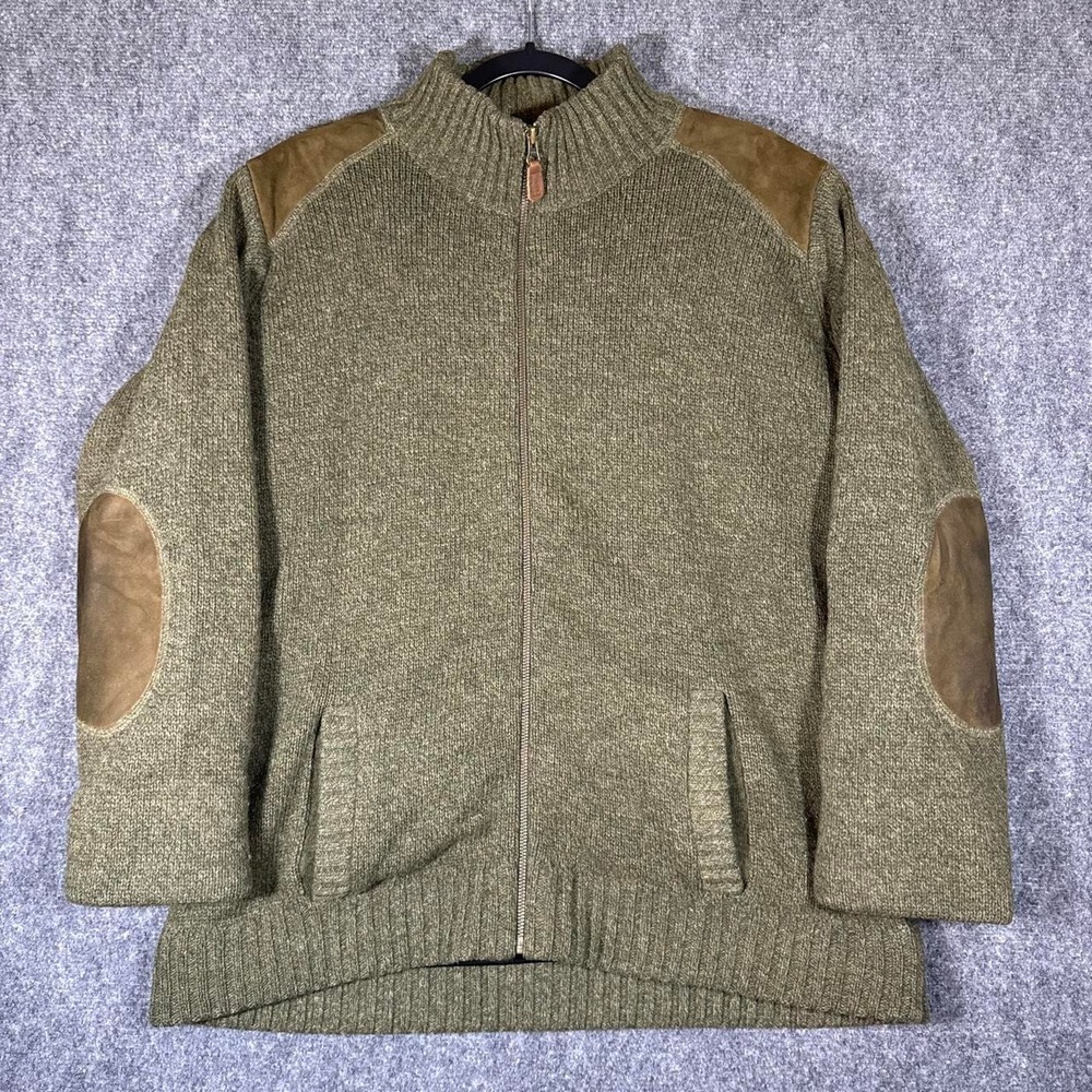 Harley of Scotland Vintage Wool Zip Sweater Olive Green Leather Patches